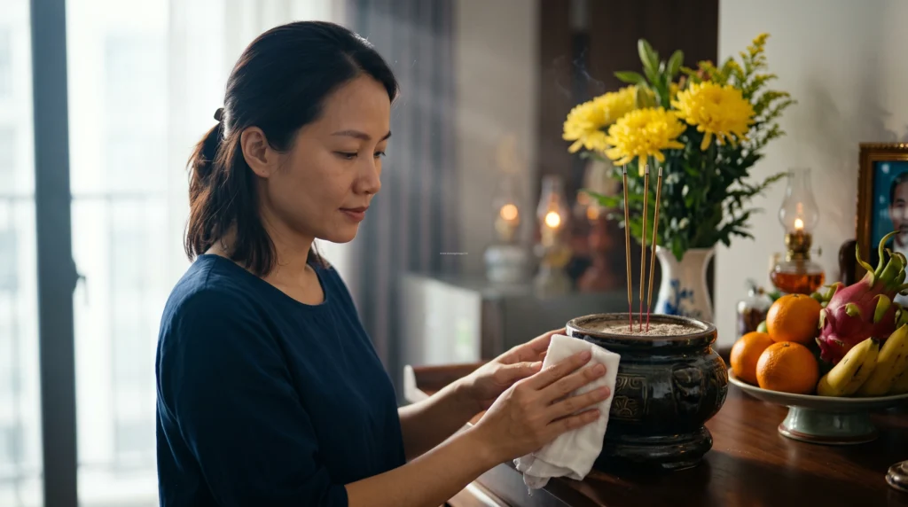 Bài cúng tạ lễ an vị bát hương sau khi hoàn tất sái tịnh và lời khấn vệ sinh án gian tránh xê dịch đồ thờ cúng.