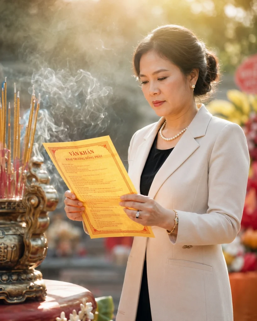 Người đại diện đọc bài khấn cúng khai trương đầu năm dâng lên thần linh thổ địa.