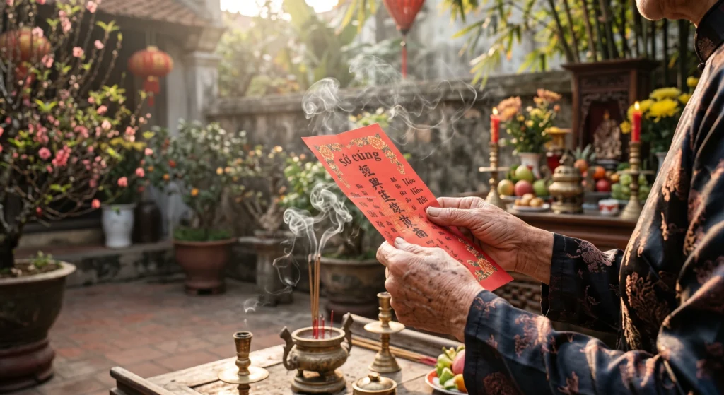 Gia chủ thành tâm đọc bài văn khấn cúng hạ nêu chuẩn nhất trước bàn thờ ngoài trời ngày mùng 7 tháng Giêng.