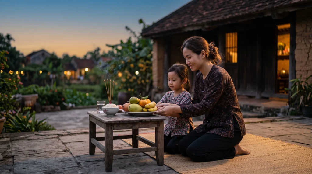 Hình ảnh gia đình chuẩn bị mâm cúng cô hồn đơn giản thể hiện tinh thần nhân văn và lòng từ bi, giải đáp thắc mắc bản chất cúng cô hồn có mê tín không.