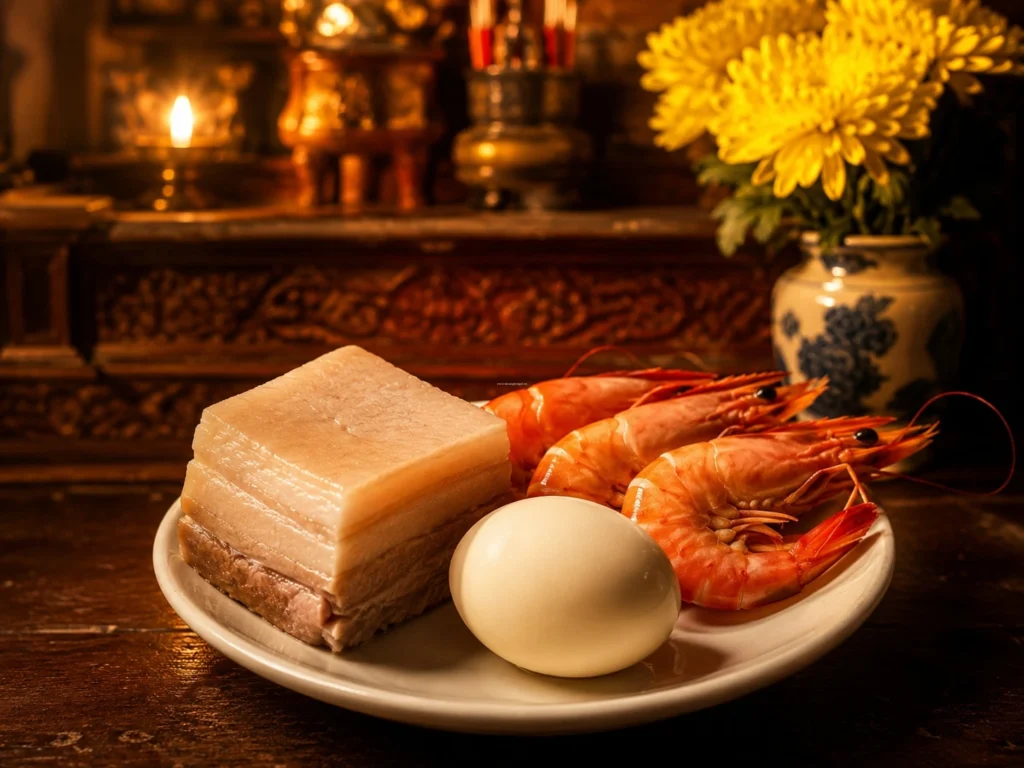 Bộ tam sên cúng Thần Tài Thổ Địa gồm những gì: 1 miếng thịt ba rọi luộc, 3 con tôm luộc và 1 quả trứng vịt lột sạch vỏ chuẩn phong thủy.