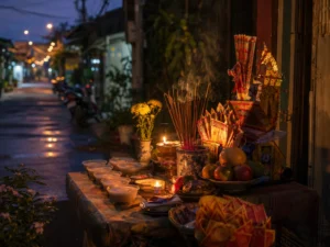 Hướng dẫn cách bày mâm cúng cô hồn đơn giản tại nhà với đầy đủ lễ vật cháo trắng nấu loãng, muối gạo đặt ở ngoài sân vào rằm tháng 7.