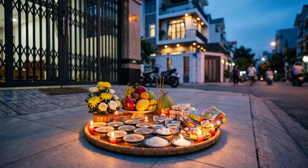 Cách bày mâm cúng cô hồn đúng phong tục là đặt mâm lễ ngoài vỉa hè hoặc trước cổng sân nhà, tuyệt đối kiêng kỵ đặt mâm cúng thí thực trong phòng khách.