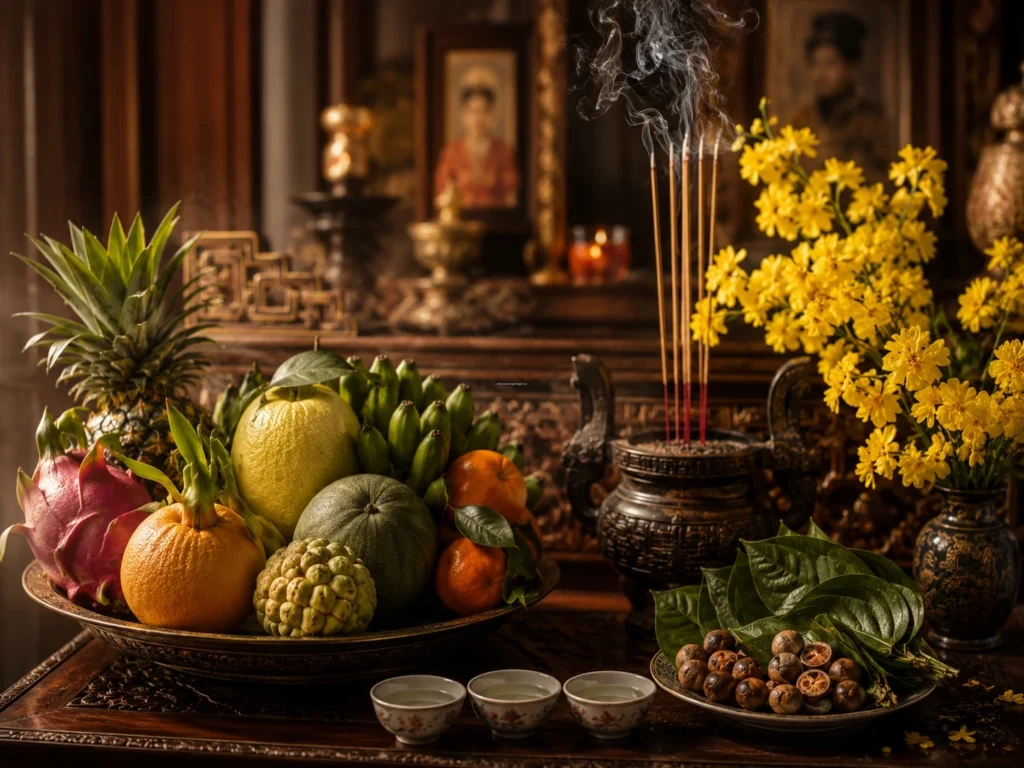 Cách bày mâm ngũ quả và hương hoa trà quả trên bàn thờ gia tiên chuẩn bị đọc bài văn khấn cúng tất niên trong nhà.