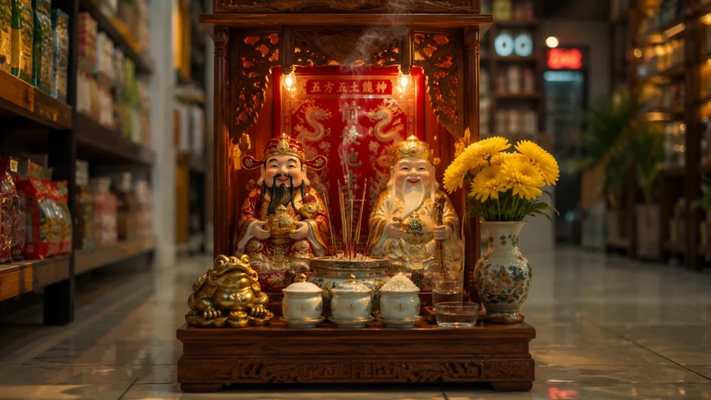 Hướng dẫn cách sắp xếp bài trí bàn thờ ông Địa Thần Tài đúng phong thủy rước tài lộc kinh doanh.