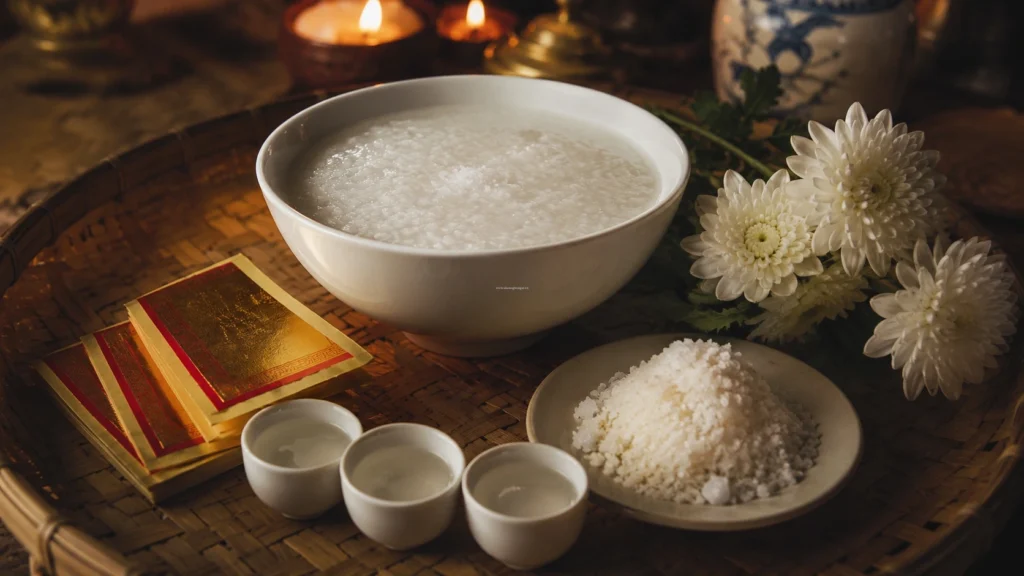 Cách chuẩn bị đồ cúng chúng sinh mùng 2 và 16 với cháo trắng gạo muối và hoa cúc trắng.