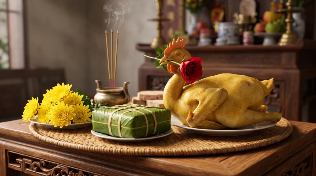 Hướng dẫn cách làm lễ cúng hạ nêu ngày Tết với mâm cỗ mặn đầy đủ lễ vật như gà luộc chéo cánh và bánh chưng.