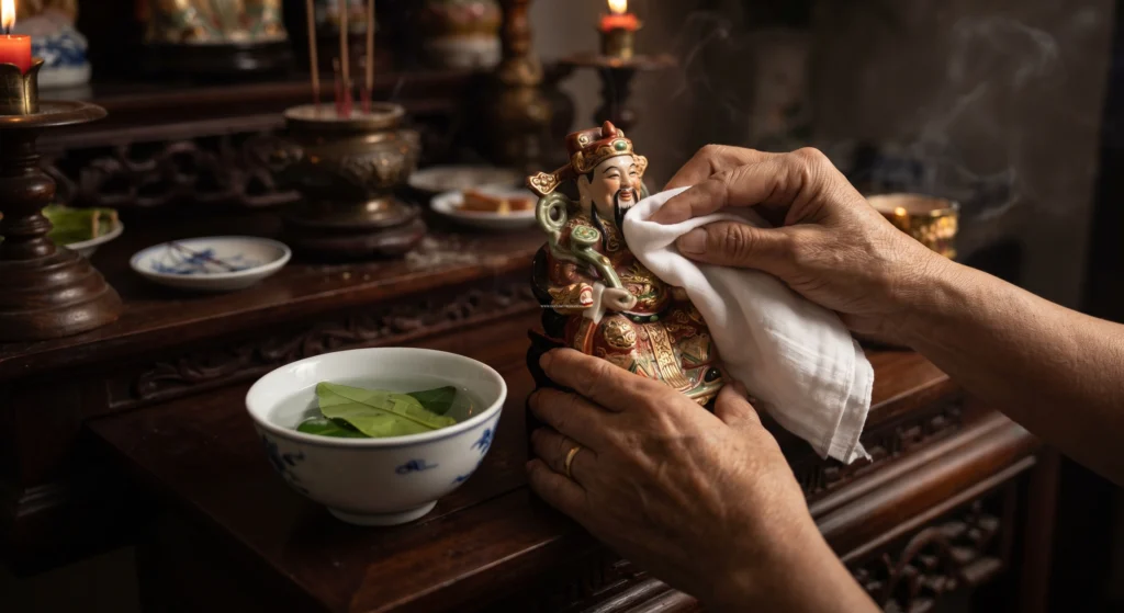Hướng dẫn cách lau dọn bàn thờ Thần Tài đúng phong thủy bằng nước lá bưởi trước khi đọc bài khấn ông Địa.
