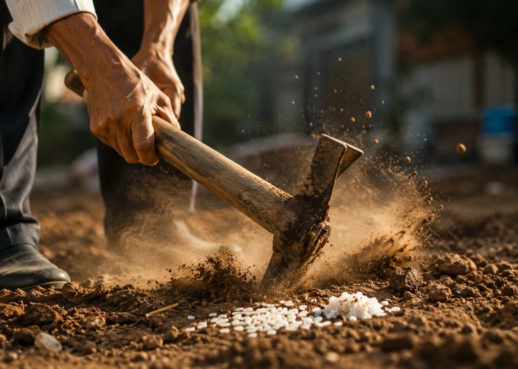 Hướng dẫn cách rải muối gạo sau khi cúng động thổ và tự tay cầm cuốc đào 3 nhát đất đầu tiên để xin phép Thổ thần.
