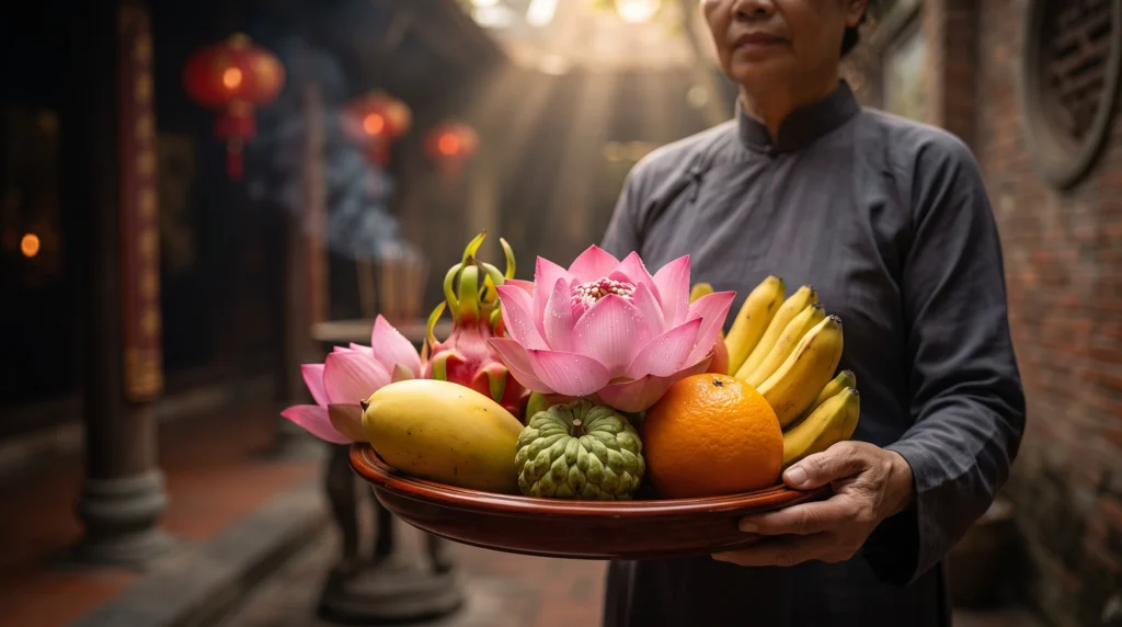 Cách sắm lễ cúng Mẹ Nam Hải Bạc Liêu chuẩn văn hóa Phật giáo với mâm ngũ quả và hoa sen tươi giúp tối ưu chi phí hành hương.
