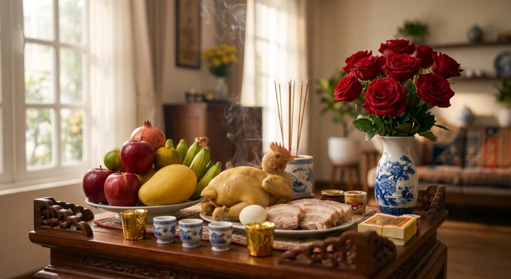 Cách sắm mâm lễ cúng hoàn công nhà ở gồm bộ tam sinh và mâm ngũ quả.
