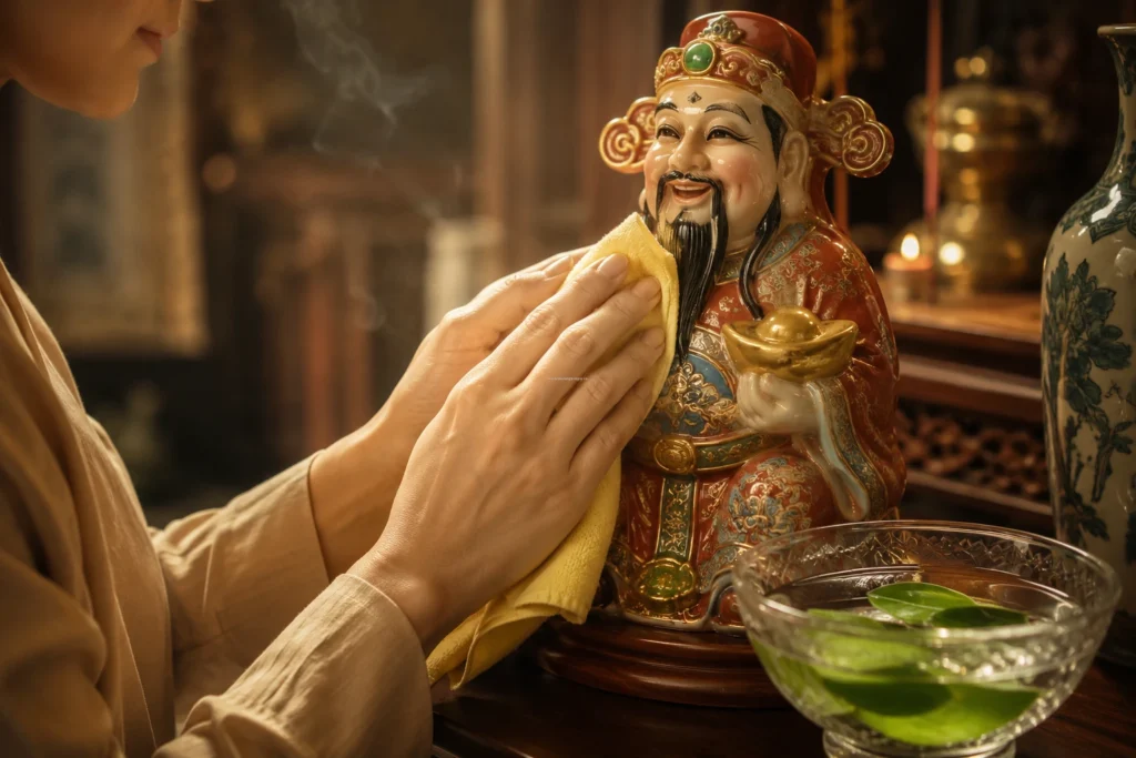 Hướng dẫn cách tắm tượng và lau dọn bàn thờ Thần Tài cuối năm bằng nước lá bưởi và khăn lau chuyên dụng.
