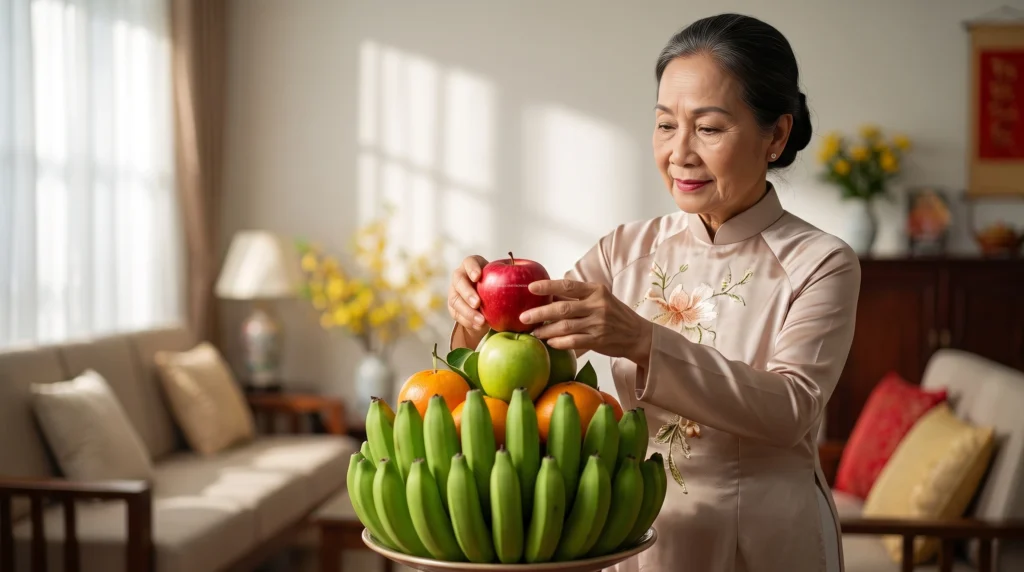 Hướng dẫn chi tiết cách xếp trái cây mâm ngũ quả tạo hình tháp vững chãi bằng cách sử dụng nải chuối xanh làm bệ đỡ vững chắc ở tầng nền.