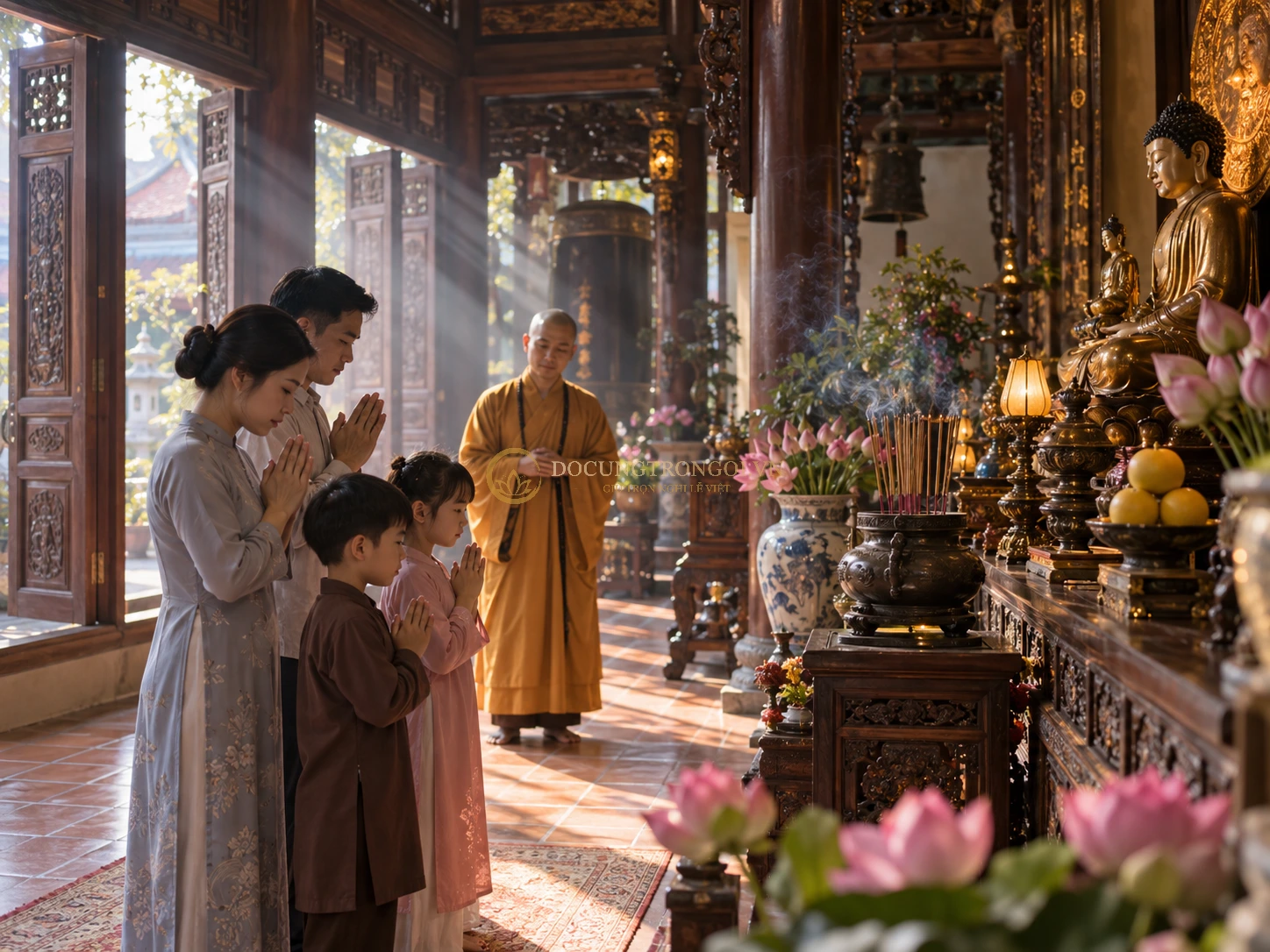 Gia đình cầu nguyện và hồi hướng cho người đã mất tại chùa ở miền Nam