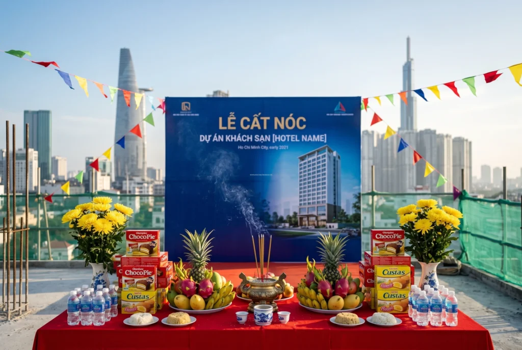 Cận cảnh mâm lễ cúng cất nóc nhà đầy đủ tươm tất chuẩn bị cho lễ Thượng Lương gồm gà luộc xôi gấc và bộ tam sên tại công trường 2026.