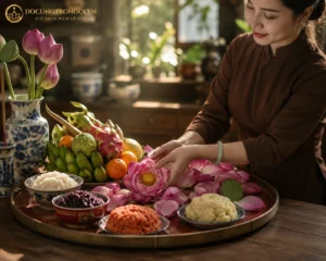 Phụ nữ Việt Nam đang cẩn thận chuẩn bị lễ vật và mâm cúng rằm tháng 7 với hoa sen và mâm ngũ quả.