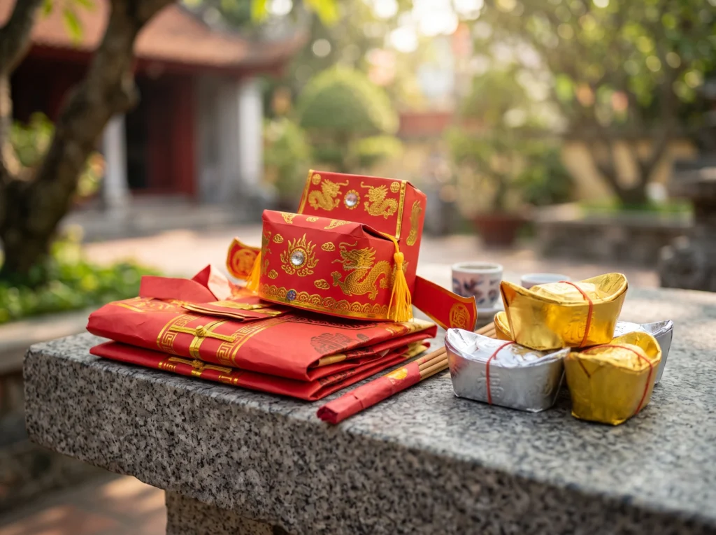 Tiêu chuẩn bộ vàng mã cúng gia tiên và bộ quần áo Mũ ngựa Thần Linh Đỏ.