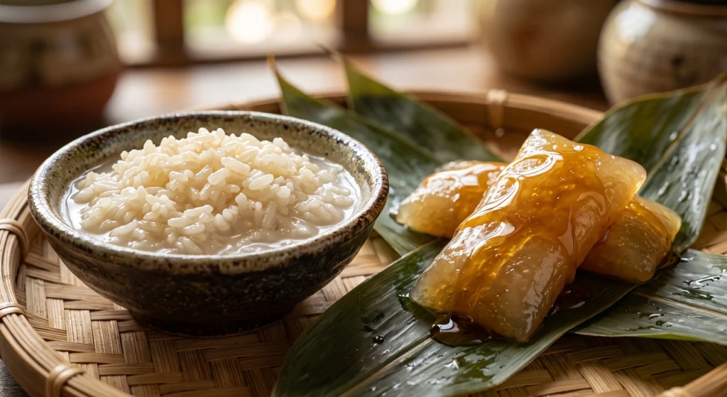 Cơm rượu nếp cái hoa vàng và bánh ú tro là mâm cỗ đoan ngọ cốt lõi trong ngày tết diệt sâu bọ.