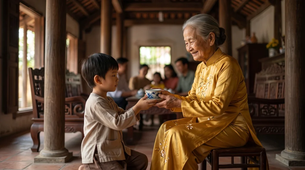 Trình tự nghi thức cúng gia tiên lễ mừng thọ và con cháu dâng trà rượu dâng lời chúc thọ ông bà.