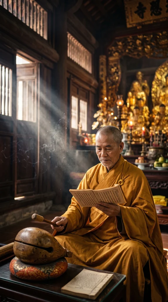 Cúng 49 ngày ở chùa hay ở nhà tốt hơn? Hình ảnh sư thầy tụng kinh Địa Tạng Bổn Nguyện cầu siêu cho người đã khuất.