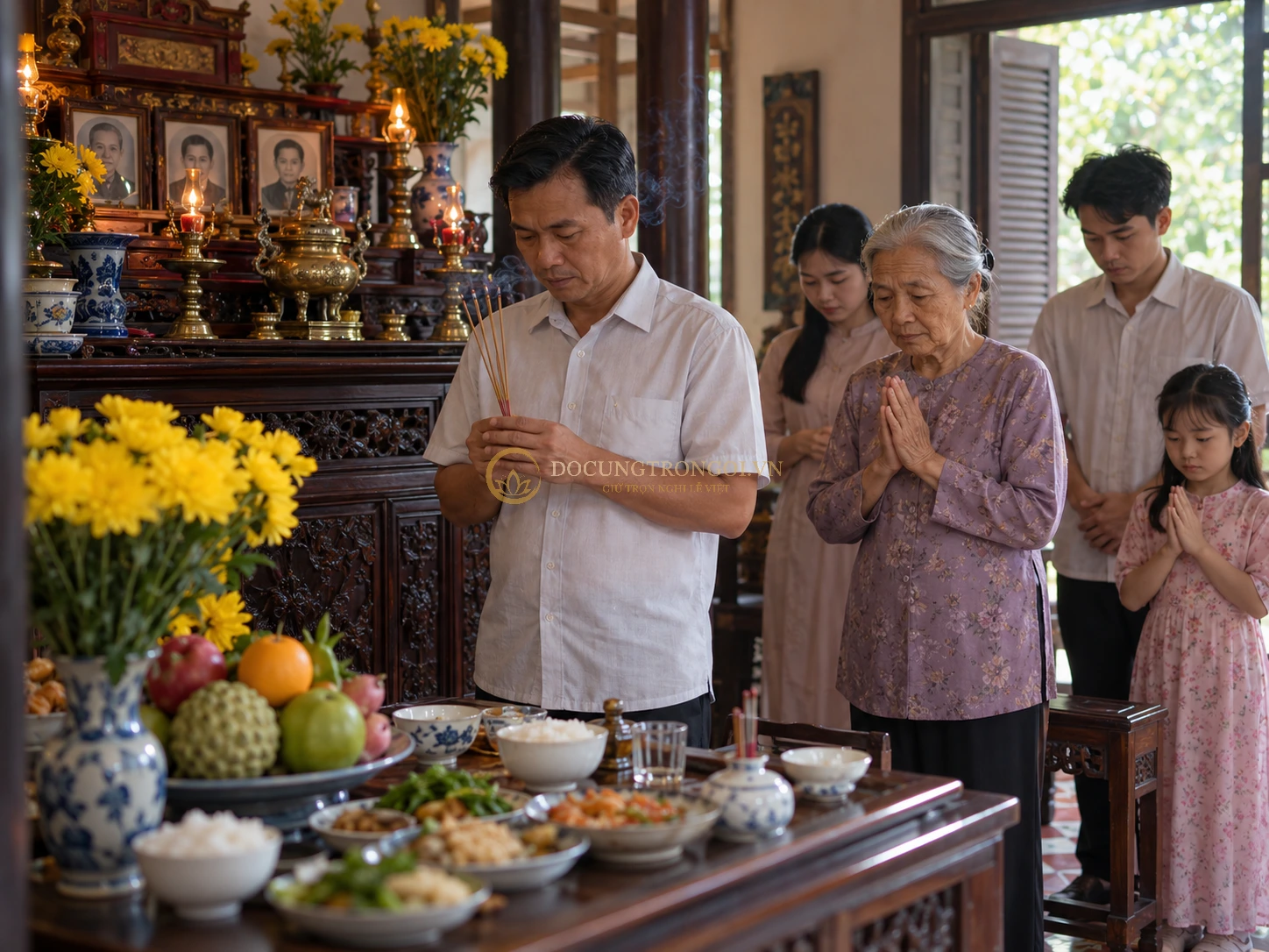 Mâm cơm cúng vong linh người mới mất với cơm nước và hoa tươi tại nhà