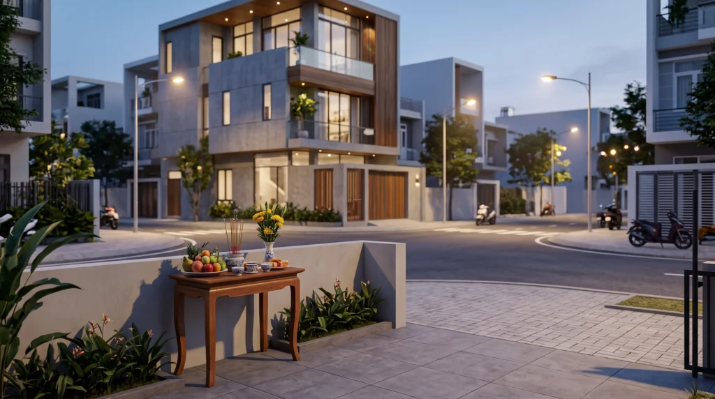 Cách sắp xếp bàn cúng tam tai đúng phong thủy ngoài trời, so sánh cúng tại ngã ba đường và trước sân nhà.