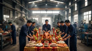 Đơn vị cung cấp dịch vụ đặt mâm cúng Tổ nghề trọn gói chuẩn bị lễ vật và bộ tam sên cho doanh nghiệp cơ khí.