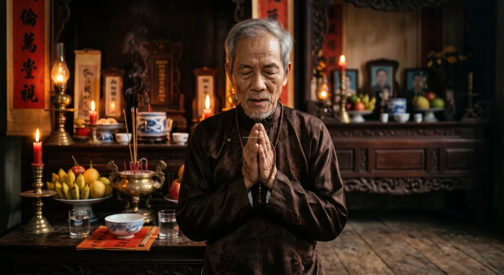 Tín chủ chắp tay đọc bài văn khấn thổ công thần linh mùng 1 đầu tháng và ngày rằm.