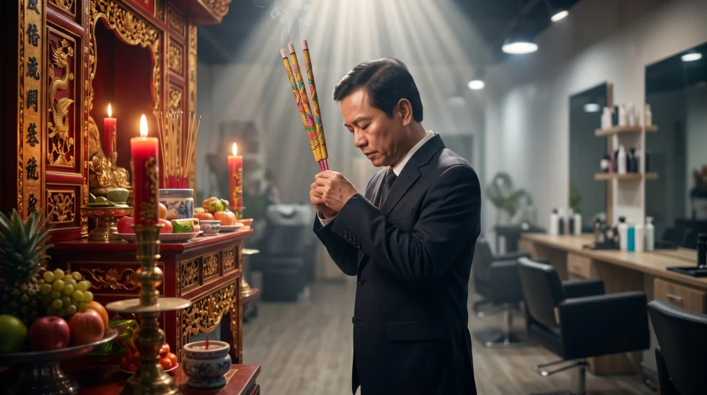 Gia chủ thành tâm thắp hương rồng phượng và đọc bài văn khấn cúng Tổ nghề cầu bình an công việc hanh thông.