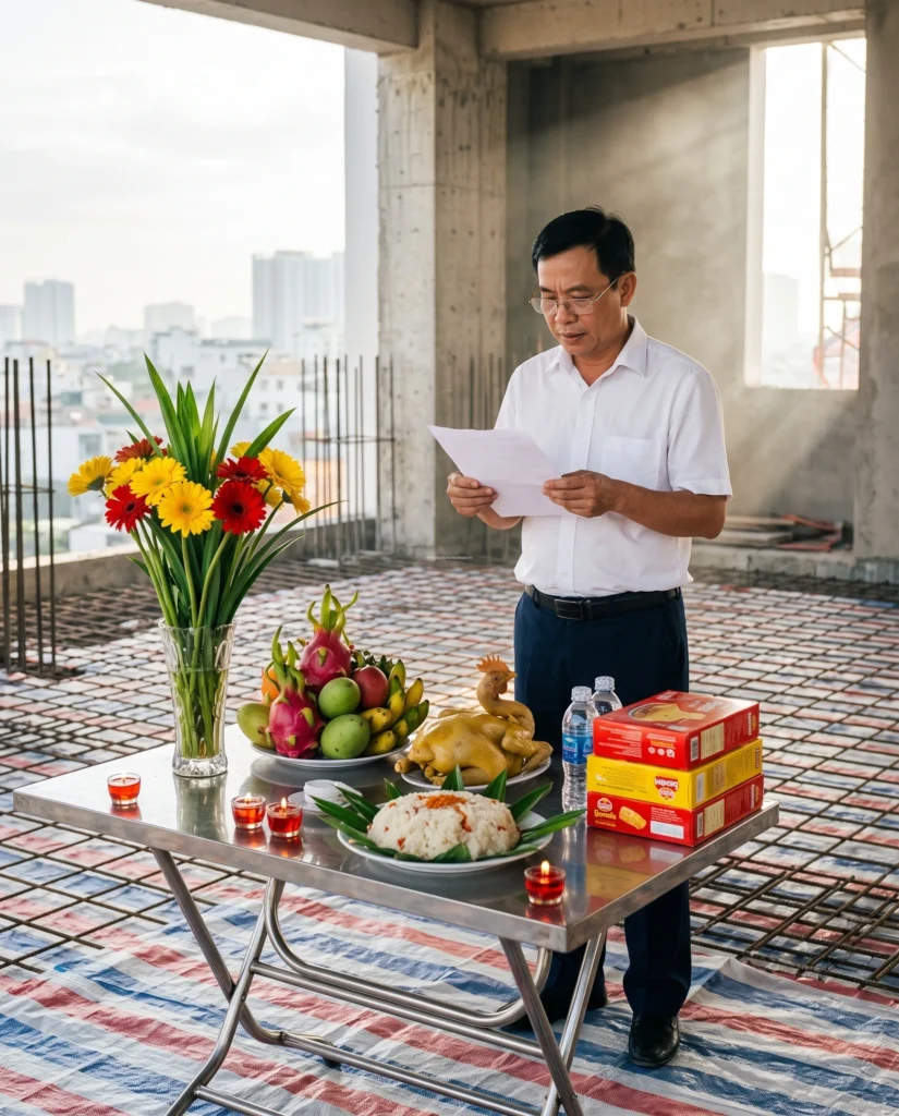 Cận cảnh chân dung gia chủ Việt Nam thành tâm khấn nguyện và đọc bài văn khấn cúng đổ mái nhà Thượng Lương trước bàn thờ Thần Linh bản xứ.