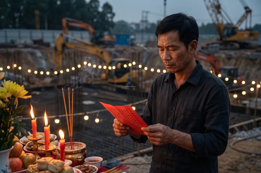 Hình ảnh gia chủ đang thắp nhang và thành tâm đọc bài văn khấn cúng đổ bê tông móng nhà theo đúng quy trình 5 bước