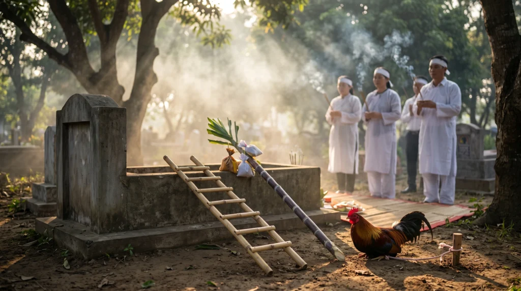 Hướng dẫn cúng 3 ngày mở cửa mả chi tiết bao gồm gà sống, cây mía và mâm tam sên theo tín ngưỡng dân gian.