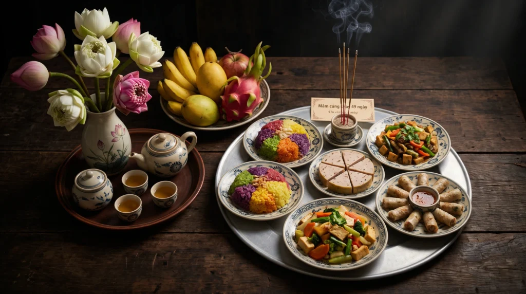 Bài văn khấn cúng 49 ngày cho người mới mất và cách chuẩn bị mâm cúng hậu sự đúng chuẩn với các món chay tinh khiết.