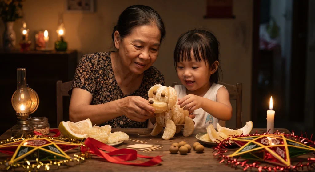 Hướng dẫn cách tạo hình và xếp chó bưởi trang trí mâm cỗ trông trăng Rằm tháng 8 Việt Nam