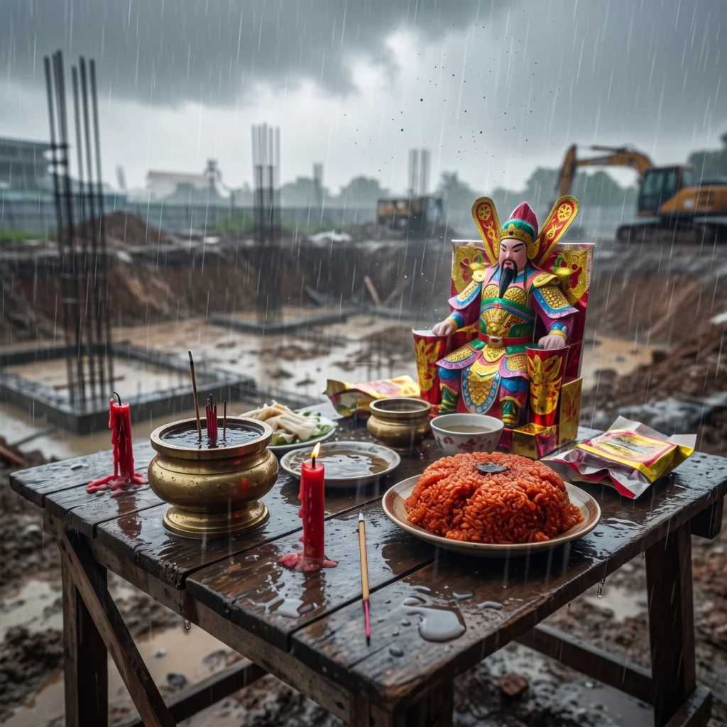Những sai lầm kiêng kỵ cần tránh khi làm lễ cúng đổ móng là thực hiện dưới thời tiết mưa bão làm tắt nhang đèn