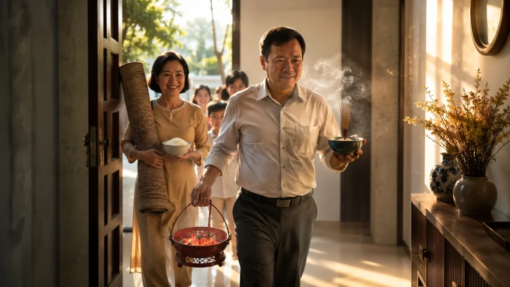 Lễ cúng nhập trạch là gì? Hình ảnh gia đình làm thủ tục dọn về nhà mới mang theo bếp than đỏ lửa và chiếu đang dùng.