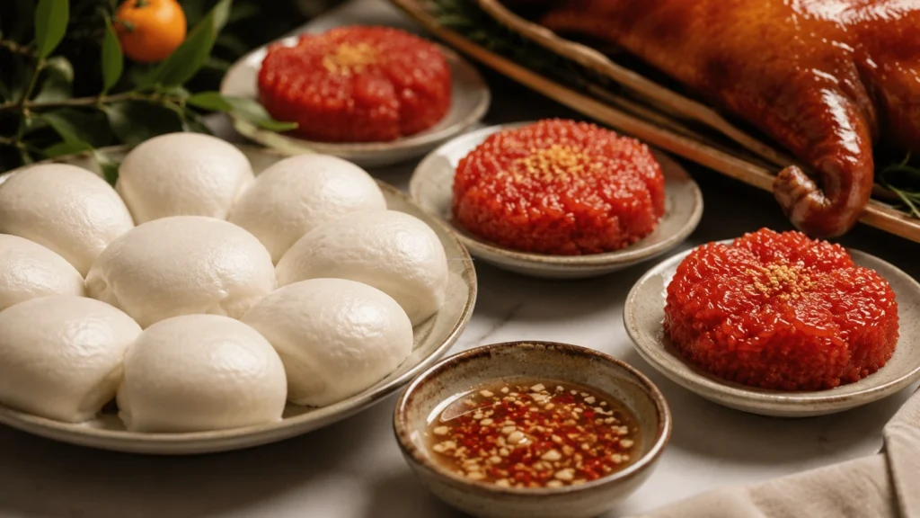 Cách trang trí mâm lễ lợn quay động thổ đi kèm bánh bao ngọt, xôi gấc và nước chấm mắm nêm.