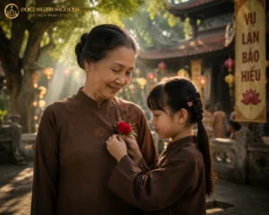Hai bà cháu người Việt Nam mặc áo lam cài hoa hồng đỏ trong ngày Lễ Vu Lan báo hiếu tại chùa.
