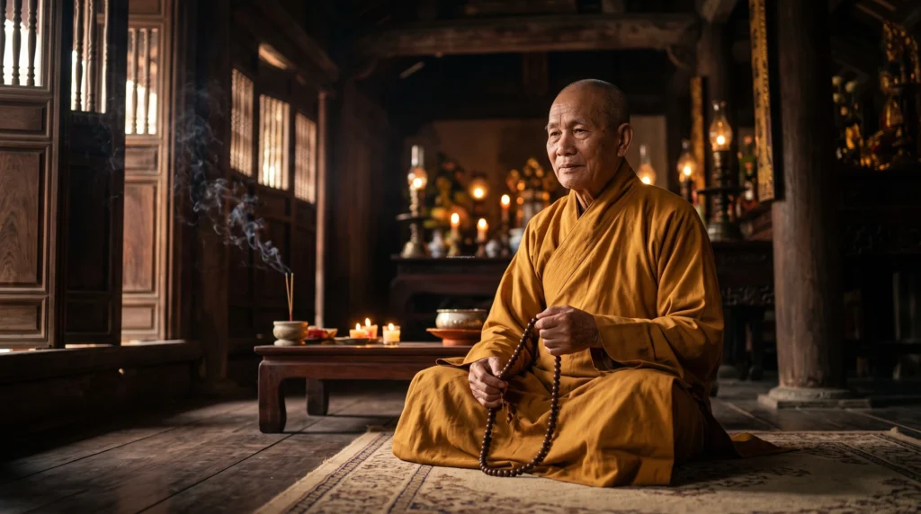 Chư Tăng Ni tụng kinh trong Lễ Vu Lan Bồn rằm tháng bảy âm lịch để cầu siêu thoát cho vong linh và thực hành bố thí ngạ quỷ theo Kinh tạng Pāli.