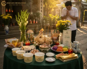 Mâm cúng cô hồn rằm tháng 7 được bày trí chuẩn phong thủy ngoài sân vào buổi chiều hoàng hôn.
