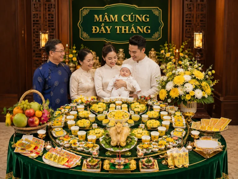 Mâm cúng đầy tháng đầy đủ lễ vật truyền thống cho bé.