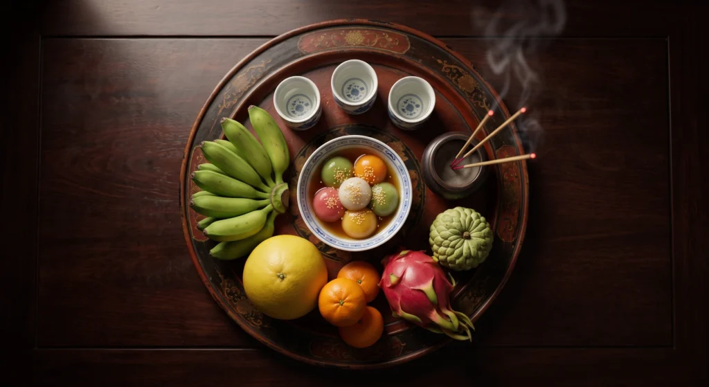 Mâm cúng Đông Chí gồm những gì, cách làm mâm cúng Đông Chí đơn giản tại nhà với bánh trôi nước và mâm ngũ quả.