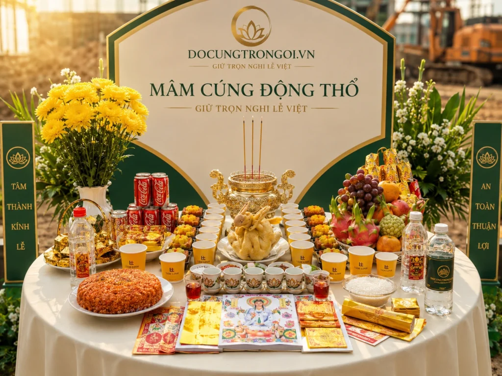 Chi tiết mâm cúng động thổ xây nhà mới gồm những gì chuẩn phong thủy với bộ tam sinh, xôi gấc và ngũ quả.