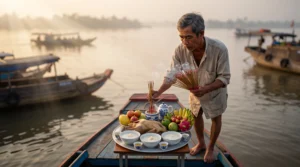 Mâm cúng ghe tàu gồm những lễ vật gì - cách chuẩn bị mâm cúng vịt luộc cháo trắng trước mũi ghe để mua may bán đắt.