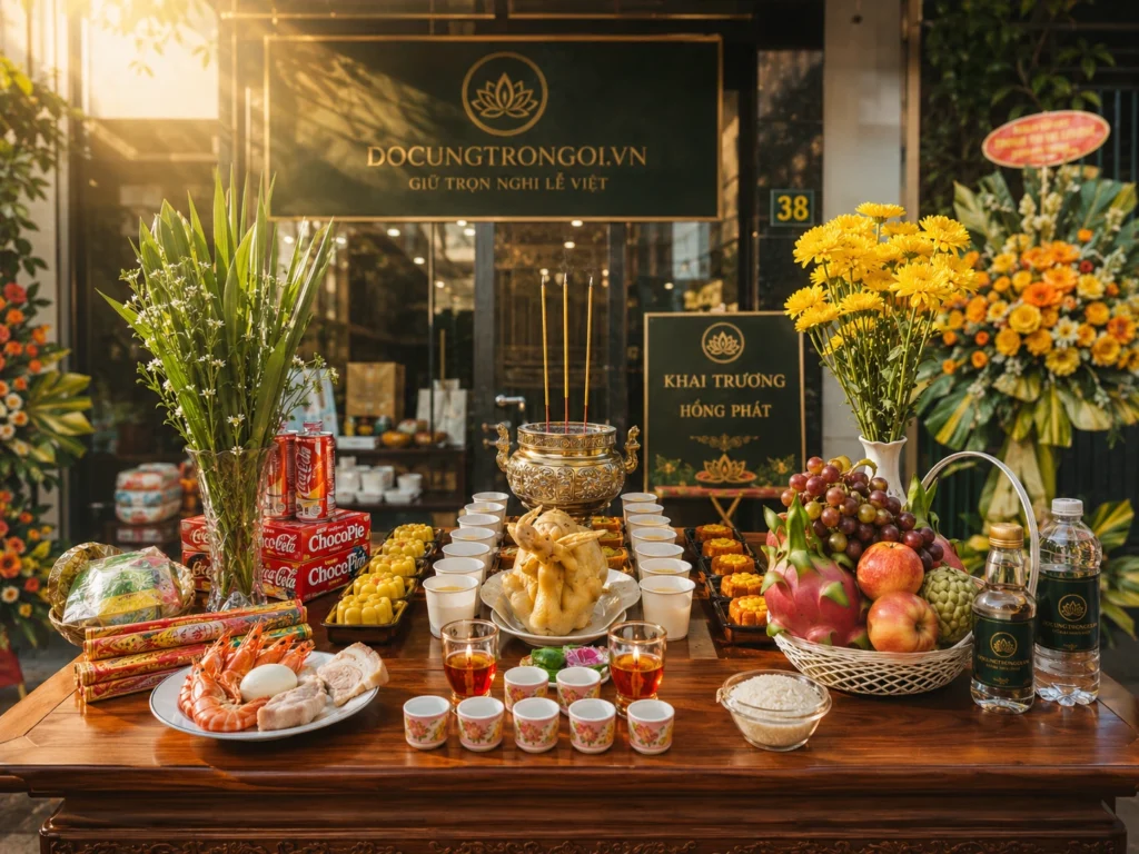 Mâm cúng khai trương công ty trọn gói gồm heo quay nguyên con và bộ tam sên.