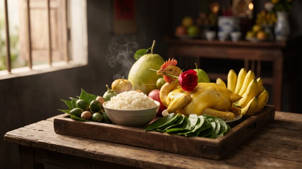 Mâm cúng mừng lúa mới gồm xôi nếp đầu mùa, mâm lễ mặn gà luộc nguyên con và hương hoa trà quả trầu cau.