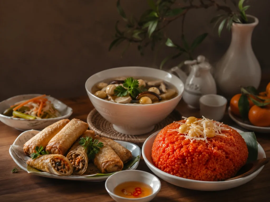 Mâm cúng tất niên chay thanh tịnh gồm xôi gấc, giò chay và nem chay thay thế cho mâm cỗ mặn dâng tổ tiên.