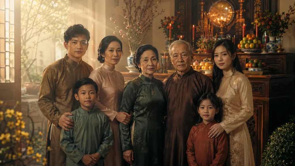Mâm cúng tất niên cuối năm tươm tất với gia đình Việt Nam sum vầy chiều 30 Tết chuẩn bị rước ông bà tổ tiên.