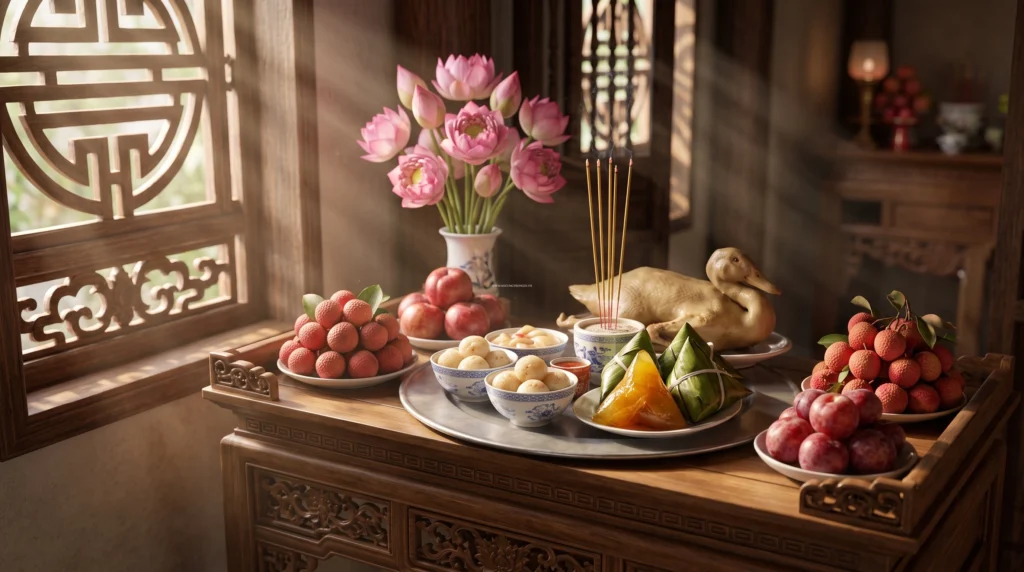 Mâm cúng tết đoan ngọ (Mùng 5/5) gồm những gì với đầy đủ rượu nếp, bánh tro và trái cây mùa hè.