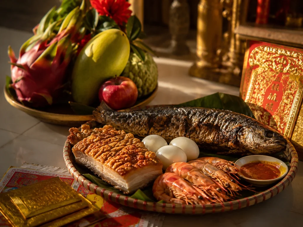 Mâm cúng vía Thần Tài mùng 10 tháng Giêng chuẩn nhất gồm bộ tam sên, thịt heo quay và cá lóc nướng trui nguyên con.